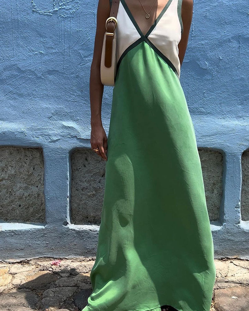 Women's Maxi Dress - V-Neck - Contrast Detail - Loose Fit - Elegant Long Dress