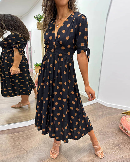Women's Midi Dress - V-Neck - Tieable Half-Sleeves - Fitted A-Line - Elegant Polka Dot Pattern