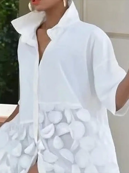 Women's Shirt Dress - Asymmetric Cut - Textured Design - 3/4 Sleeves - Loose Fit