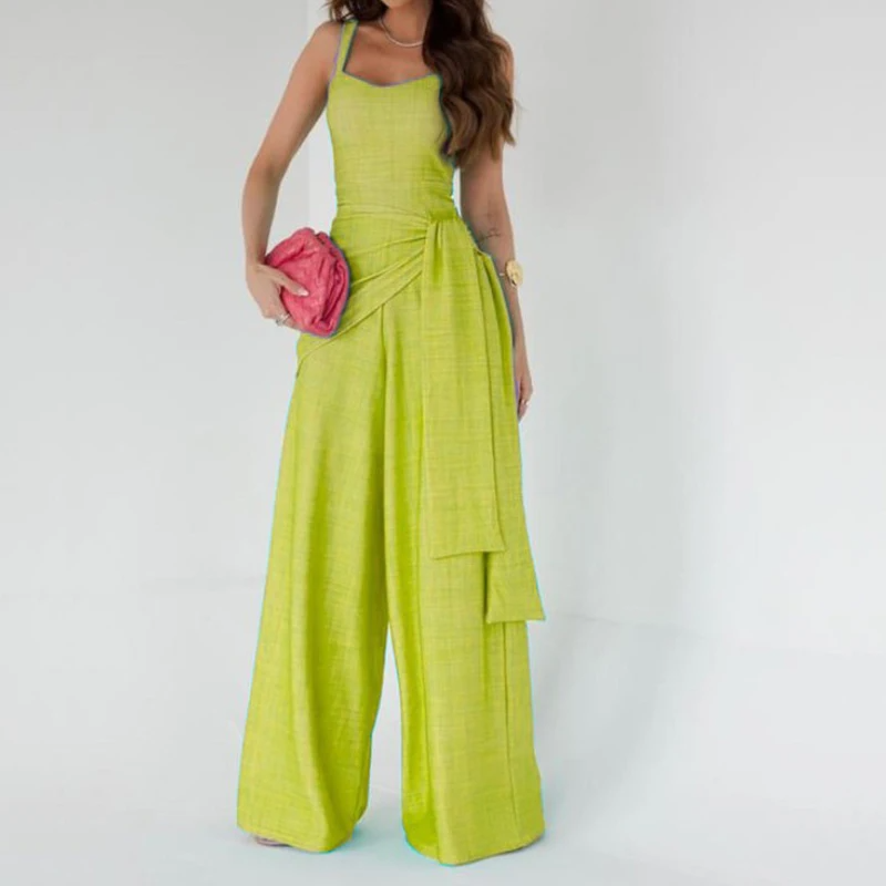 Women's Jumpsuit – Sleeveless – Adjustable Straps – Wide Leg – Waist Belt – Lightweight Material