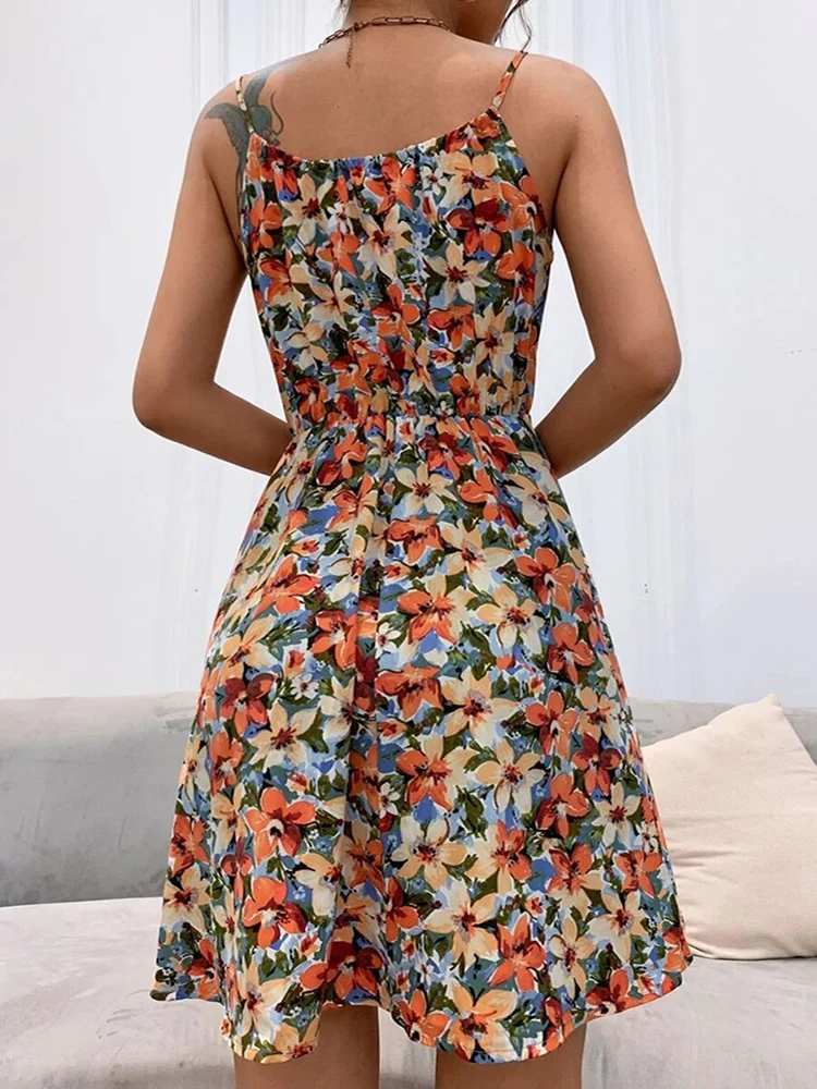 Women's Summer Dress – Sleeveless – Lightweight – Ruffle Hem – Fitted Waist – Floral Print