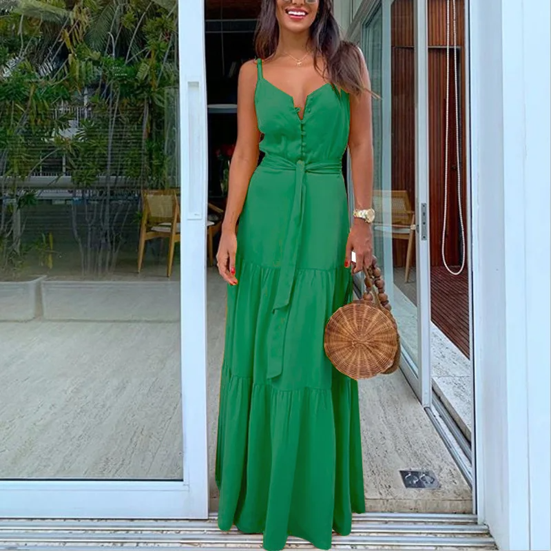 Women's Maxi Dress - Lightweight Fabric - A-Line Cut - V-Neck with Straps - Button Details
