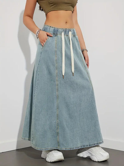 Women's Maxi Skirt - Denim - Elastic Waist with Drawstring - A-Line - Casual Look