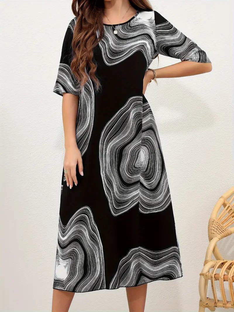 Women's Dress - Midi Length - A-Line Fit - Round Neck - Abstract Pattern