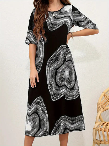 Women's Dress - Midi Length - A-Line Fit - Round Neck - Abstract Pattern
