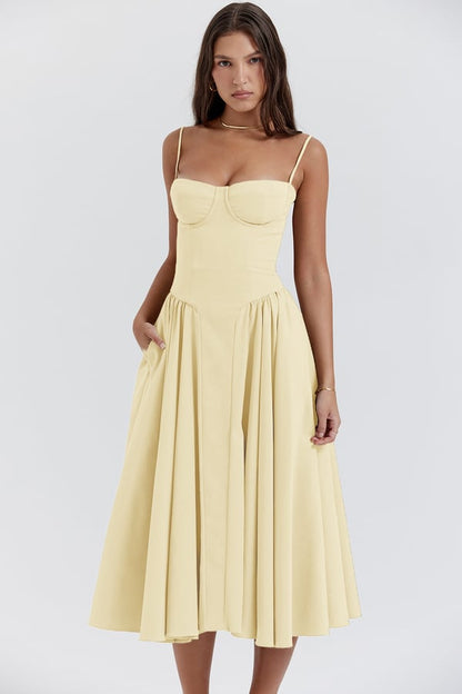 Dress for Women – Midi Length – Corset Top – A-Line – Spaghetti Straps – Lightweight Fabric