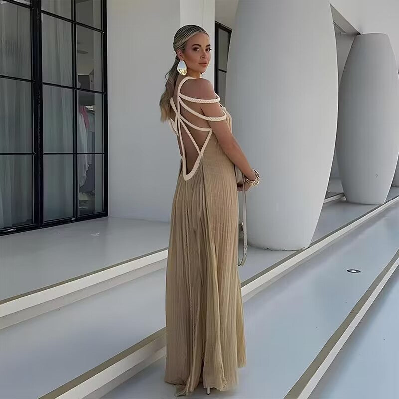 Maxi Dress for Women – Flexible Braided Straps – Pleated Fabric – Elegant Loose Fit