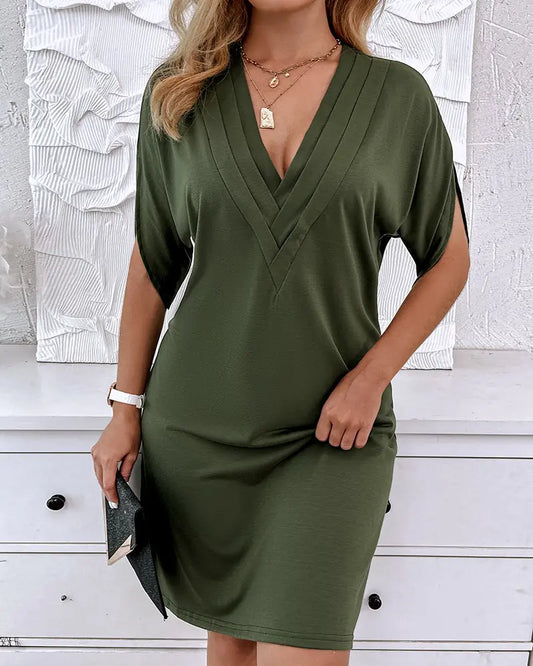 Dress for Women – V-Neck – Light Fabric – Loose Fit – Ruched Front – Short Sleeves
