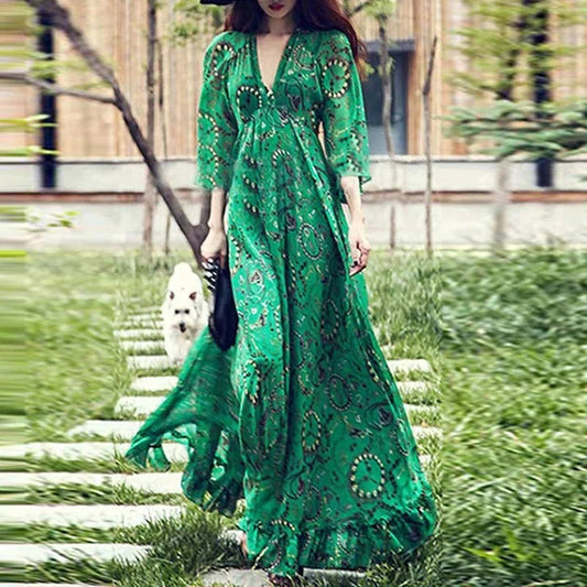 Women's Maxi Dress - Bohemian Style - V-neck - 3/4 Sleeves - Elegant and Airy Fit