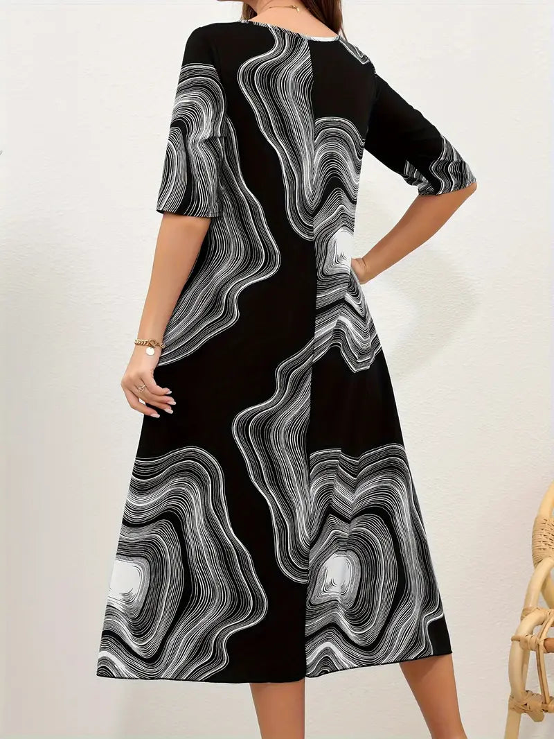 Women's Dress - Midi Length - A-Line Fit - Round Neck - Abstract Pattern