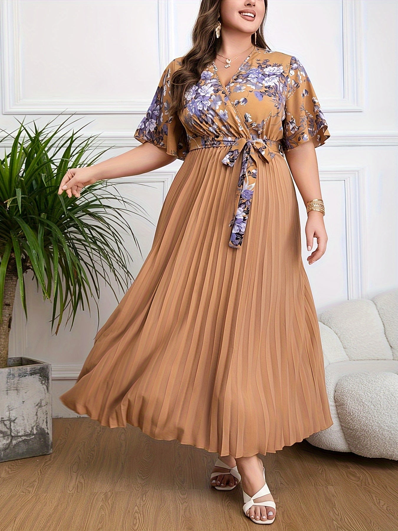 Women's Maxi Dress – V-Neck Wrap – Belted Waist – Short Sleeves – Pleated Skirt