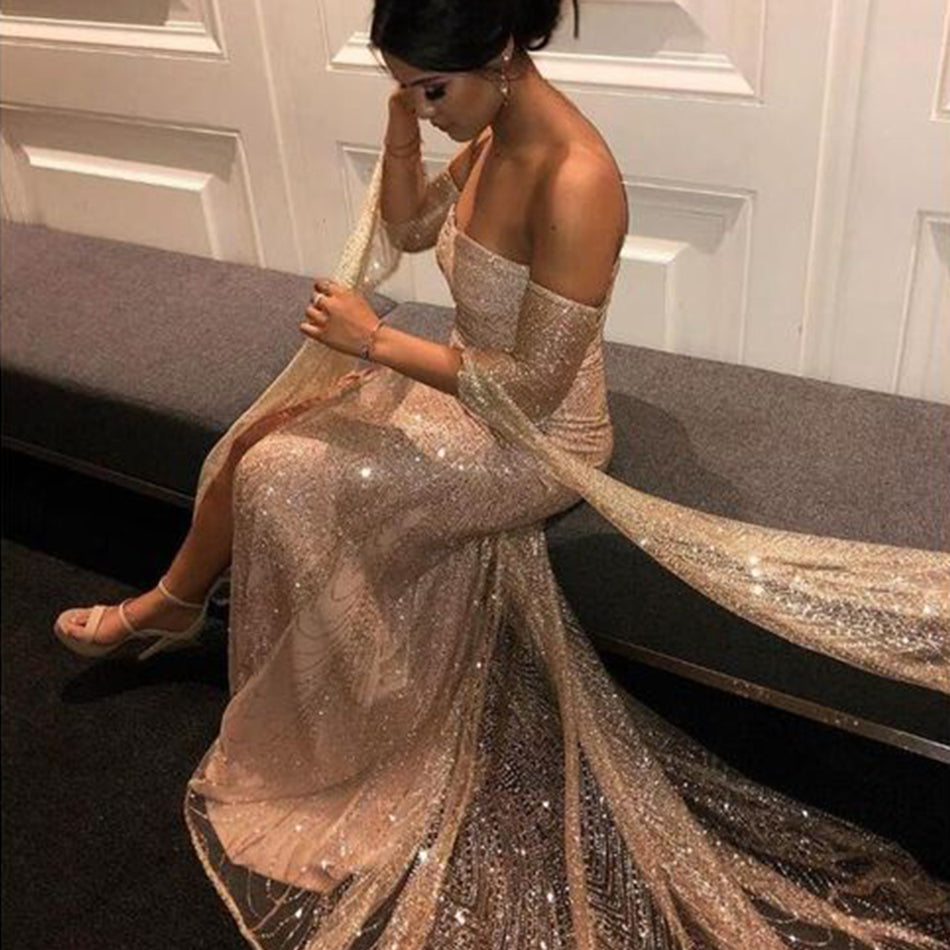 Women Evening Dress - Shiny Fabric - Fitted - Off-Shoulder - High Slit