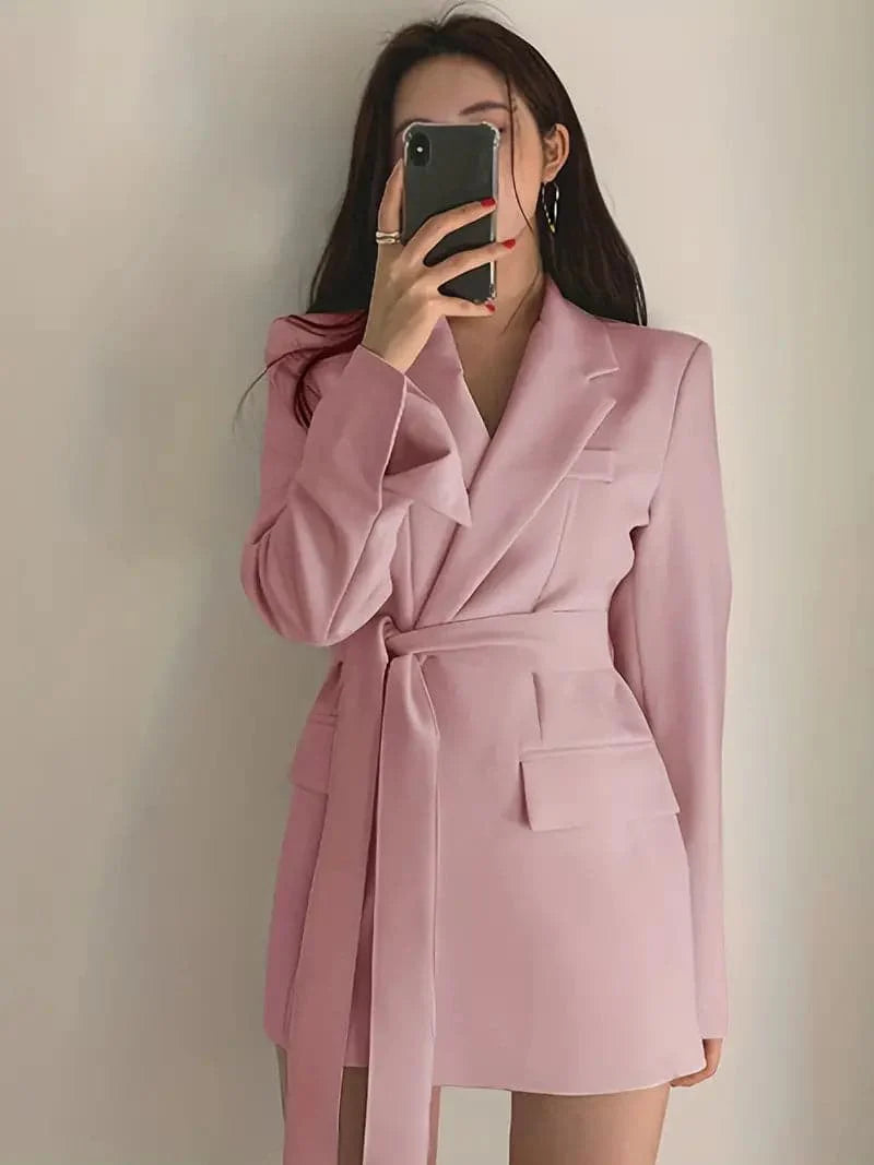 Women's Blazer Dress - Tailored Fit - Belted Waist - Single Button with Flap Pockets