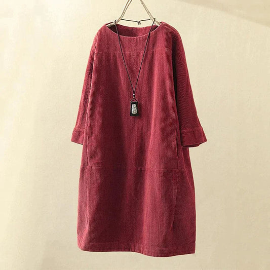 Women Corduroy Dress - Loose Fit - Three-Quarter Sleeves - Soft and Comfortable