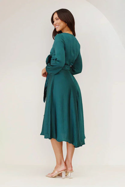 Dress for Women – Midi Length – V-Neckline – Bow Detail – Asymmetric Hem