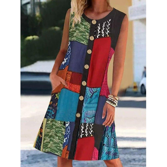 Dress for Women - Sleeveless Patchwork - Button Closure & Side Pockets - Bohemian Style