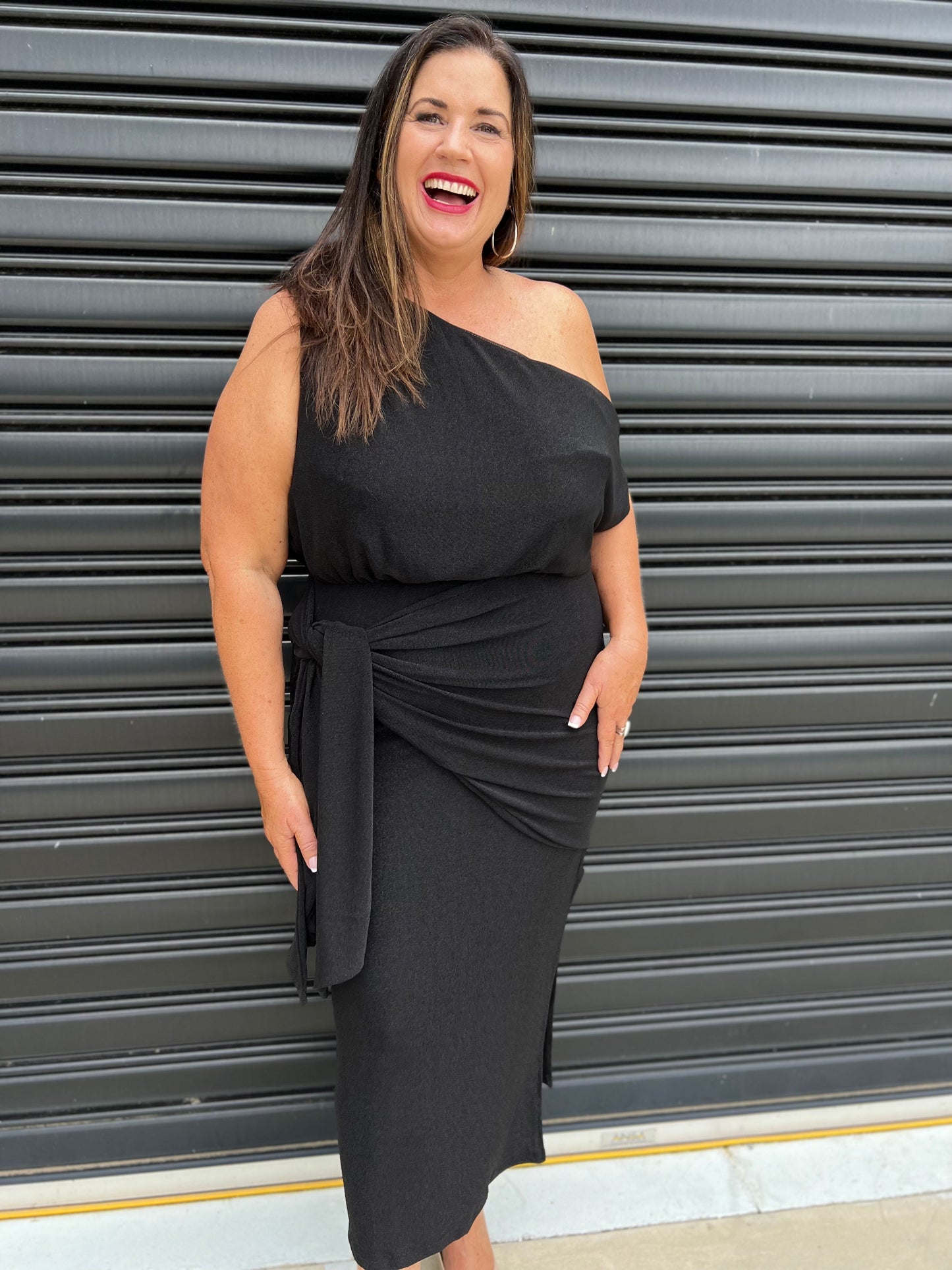 Women Dress - Asymmetric One-Shoulder - Slim Fit - Midi Length with Slit