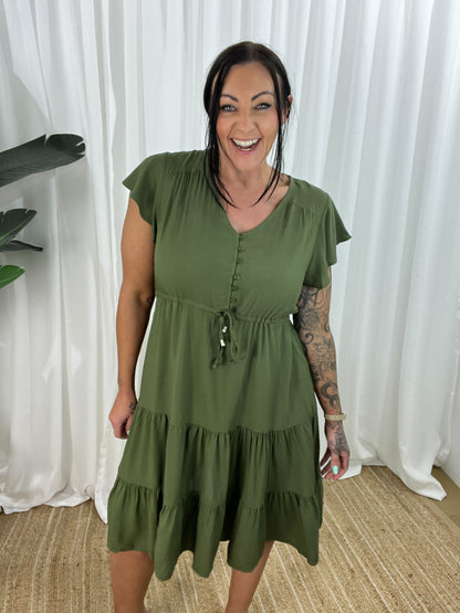 Women's Dress - V-neck - Button Closure - Adjustable Waist - Short Sleeves - Loose Fit