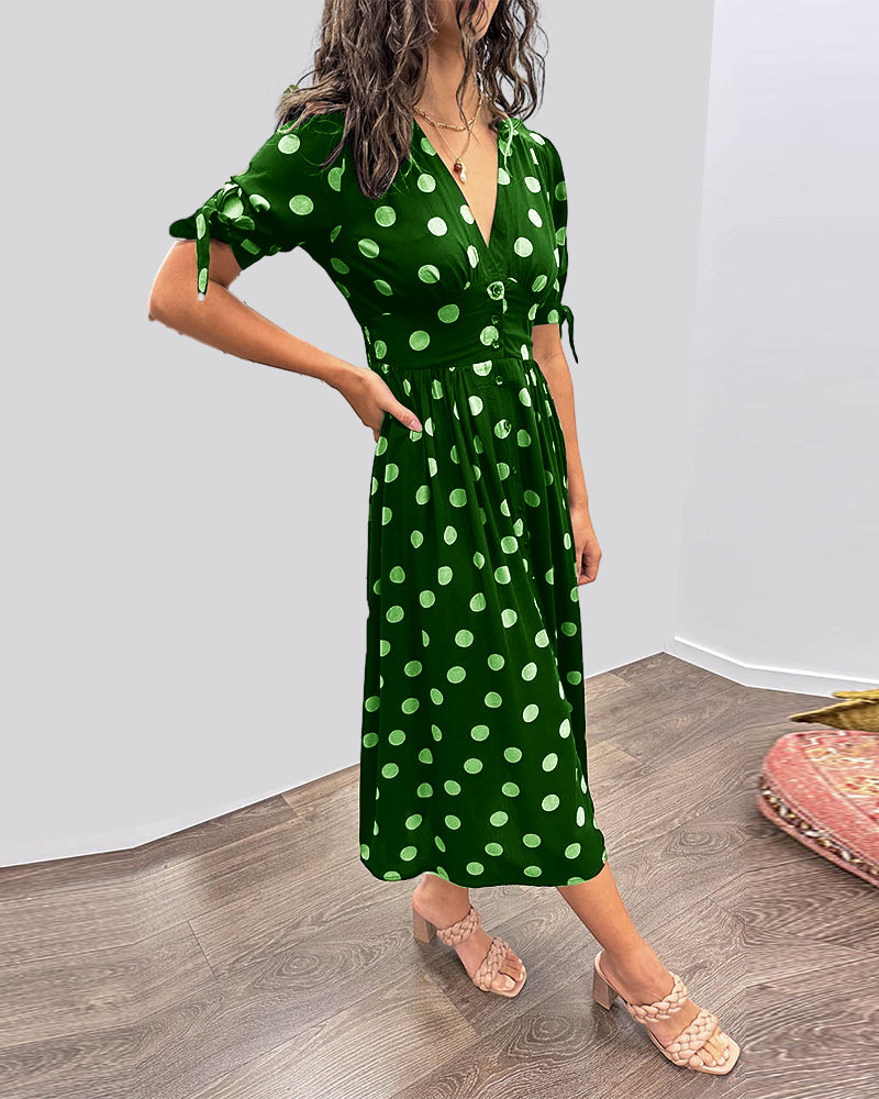 Women's Midi Dress - V-Neck - Tieable Half-Sleeves - Fitted A-Line - Elegant Polka Dot Pattern