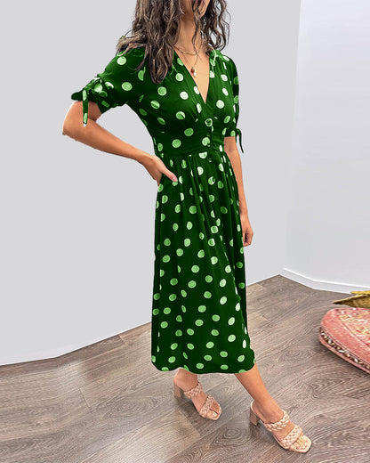 Women's Midi Dress - V-Neck - Tieable Half-Sleeves - Fitted A-Line - Elegant Polka Dot Pattern