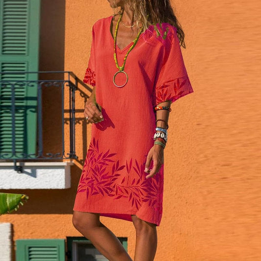 Women's Dress - Loose Fit - V-neck & Short Sleeves - Light & Breathable Cotton