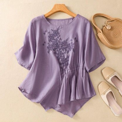 Relaxed Fit Embroidered Pleated Blouse for Women – Stylish Casual Comfort