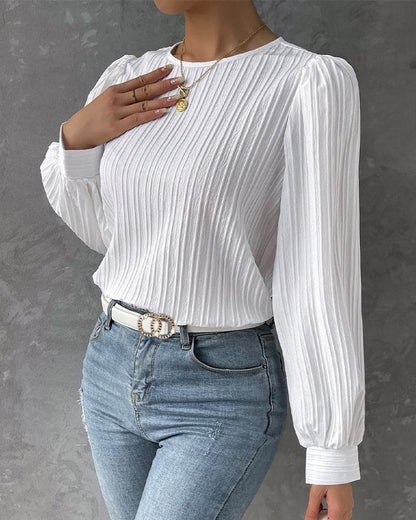 Women's Blouse - Long Sleeved with Puff Sleeves - Textured Pleated Design - Round Neck