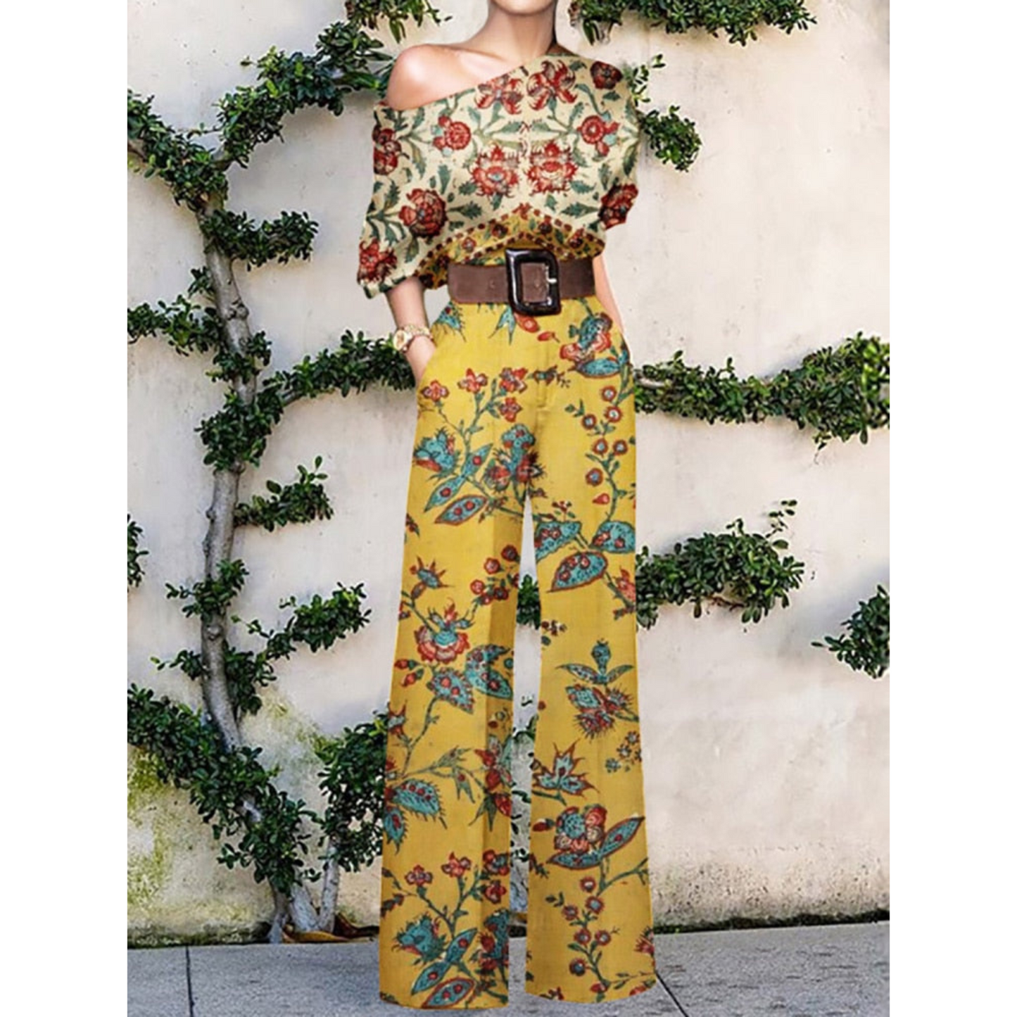 Women's Jumpsuit – One Shoulder – Butterfly Pattern – Loose Fit – Belt at Waist