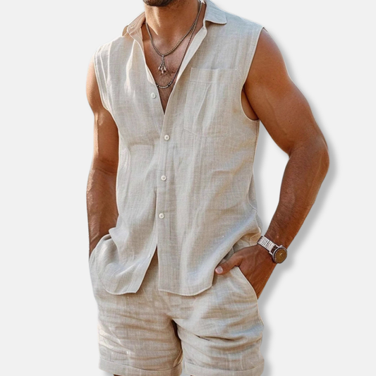 Men's Set with Sleeveless Shirt and Shorts – Cotton Linen – Relaxed Fit