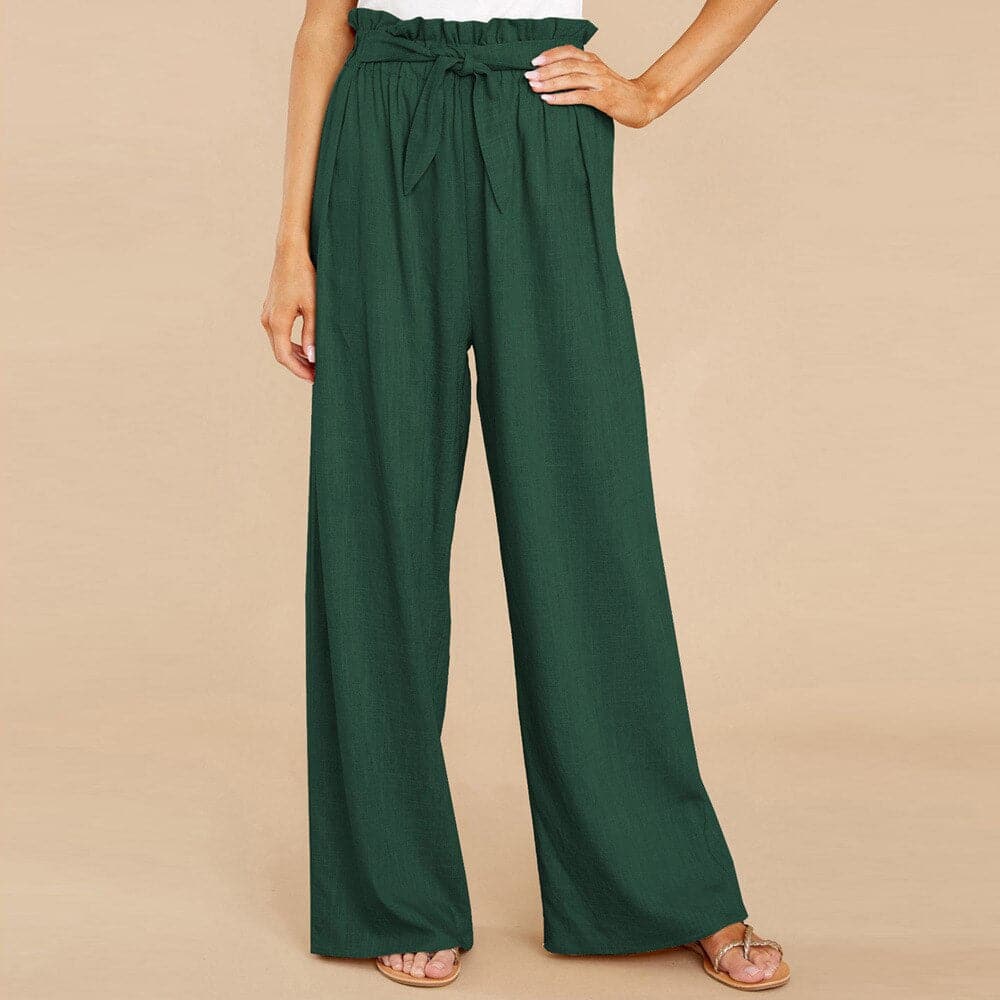 Women's Pants - High-Waisted Wide-Leg - Paperbag Waist with Tie Belt - Loose-Fitting Comfort