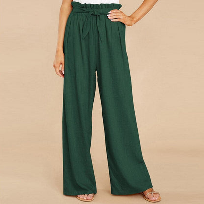 Women's Pants - High-Waisted Wide-Leg - Paperbag Waist with Tie Belt - Loose-Fitting Comfort