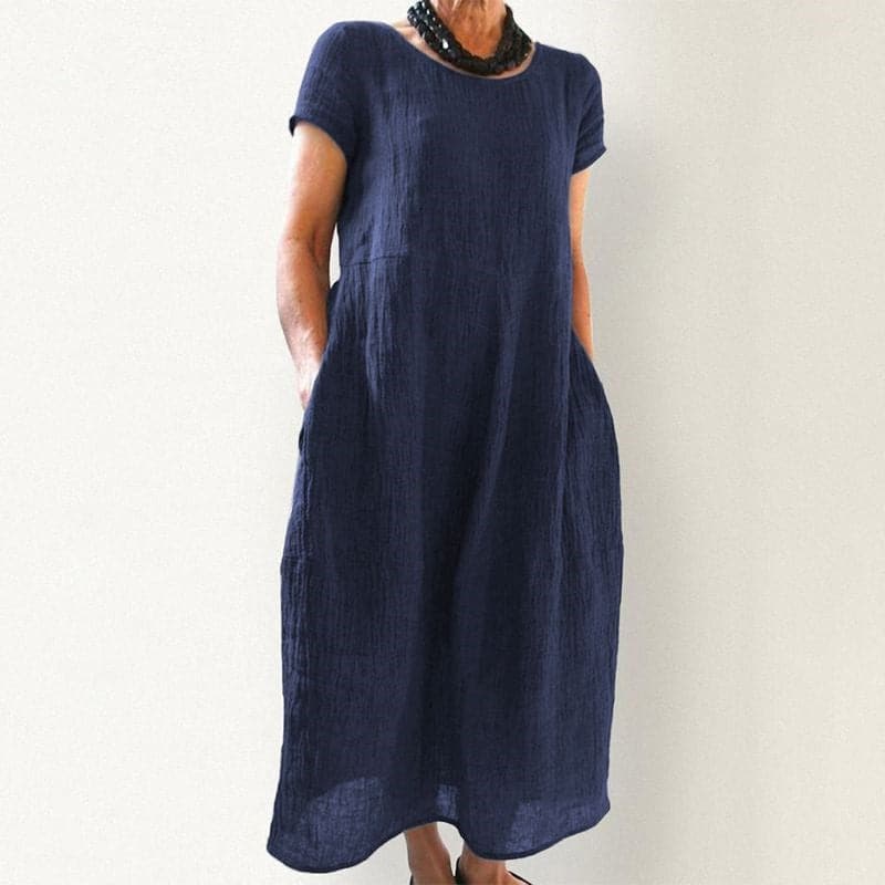 Women's Maxi Dress - A-line Fit - Short Sleeved with Round Neck - Breathable Cotton with Side Pockets