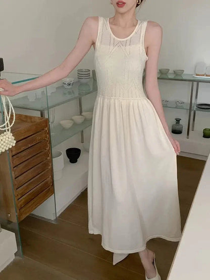 Women's Dress - Sleeveless A-line - Light and Elegant - Embroidered Top - Round Neck