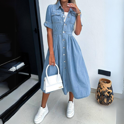 Women's Shirt Dress - Denim - Button Closure - Elastic Waist - Midi Length - With Pockets
