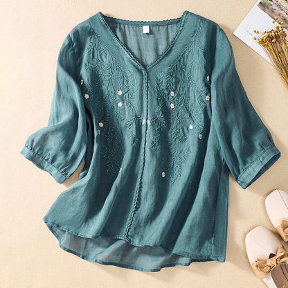 Relaxed Fit Embroidered V-Neck Blouse for Women – Stylish Casual Comfort