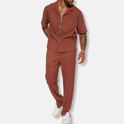 Men's Set – Relaxed Fit – Short-Sleeved Shirt with Collar – Long Pants – Breathable Fabric