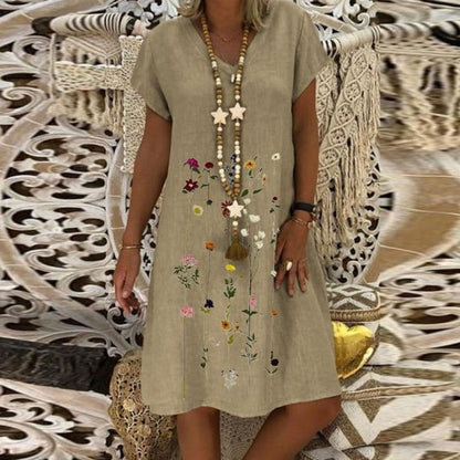 Women's Dress - Loose Fit - Short Sleeves - Light and Breathable Linen - Embroidered Design