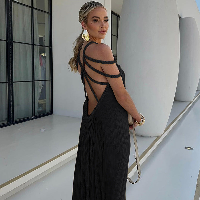Maxi Dress for Women – Flexible Braided Straps – Pleated Fabric – Elegant Loose Fit