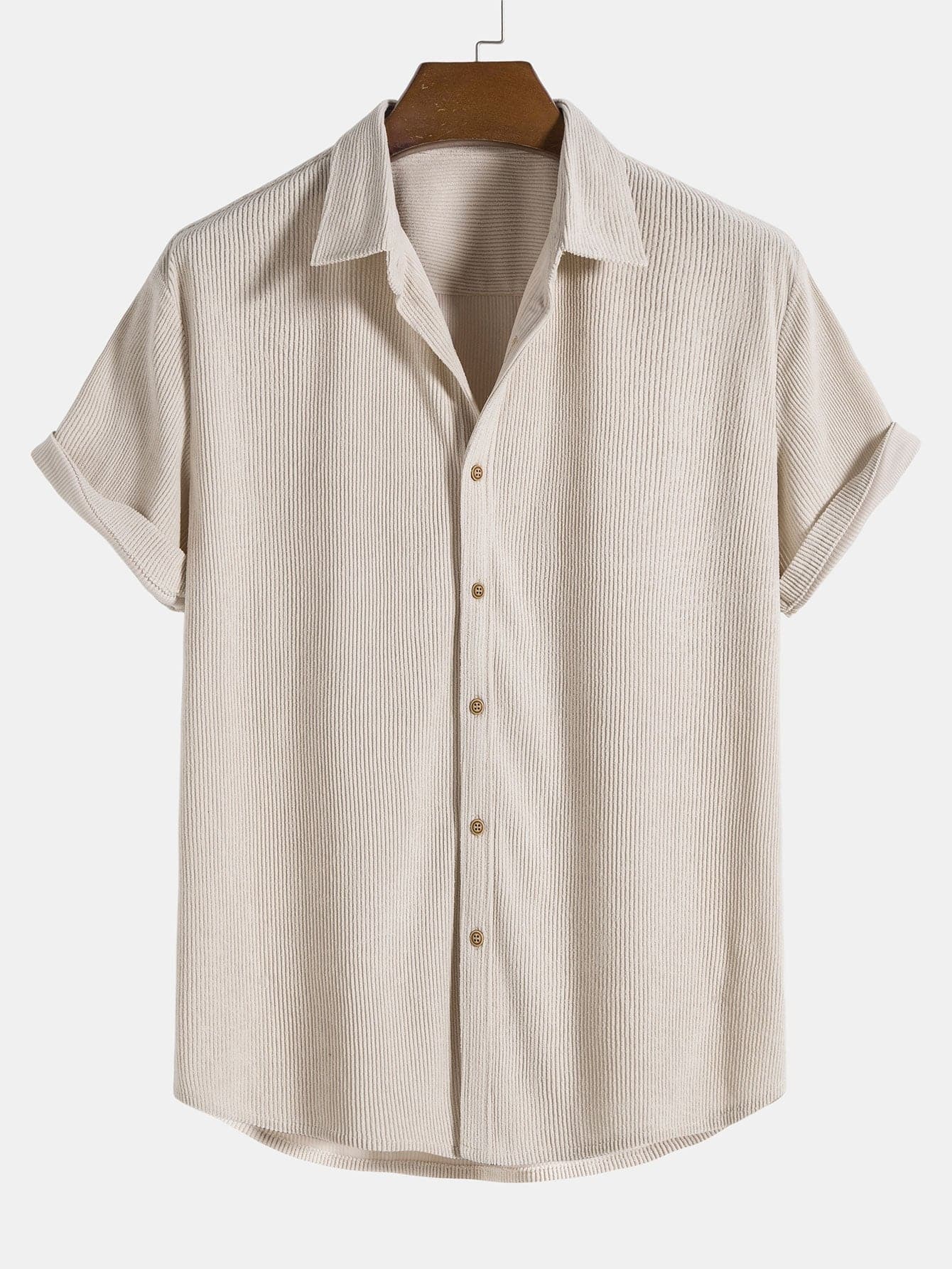 Men's Set - Short-Sleeved Shirt & Shorts - Button Closure - Elastic Waist - Ribbed Texture