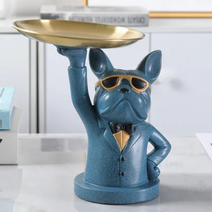 Contemporary Bulldog Figurine Tray with Gold Bow Tie