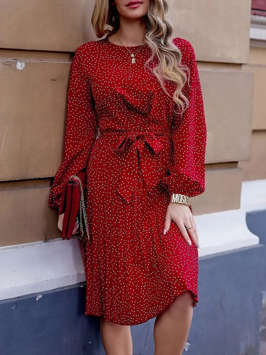 Dress for Women - Polka Dot Pattern - Cinched Waist - Long Sleeves - Round Neck