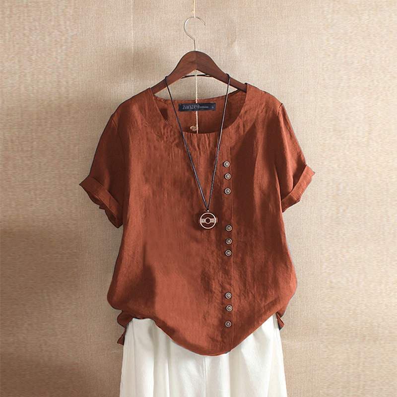 Women's Blouse - Cotton - Relaxed Fit - Button Detail - Short Rolled Sleeves