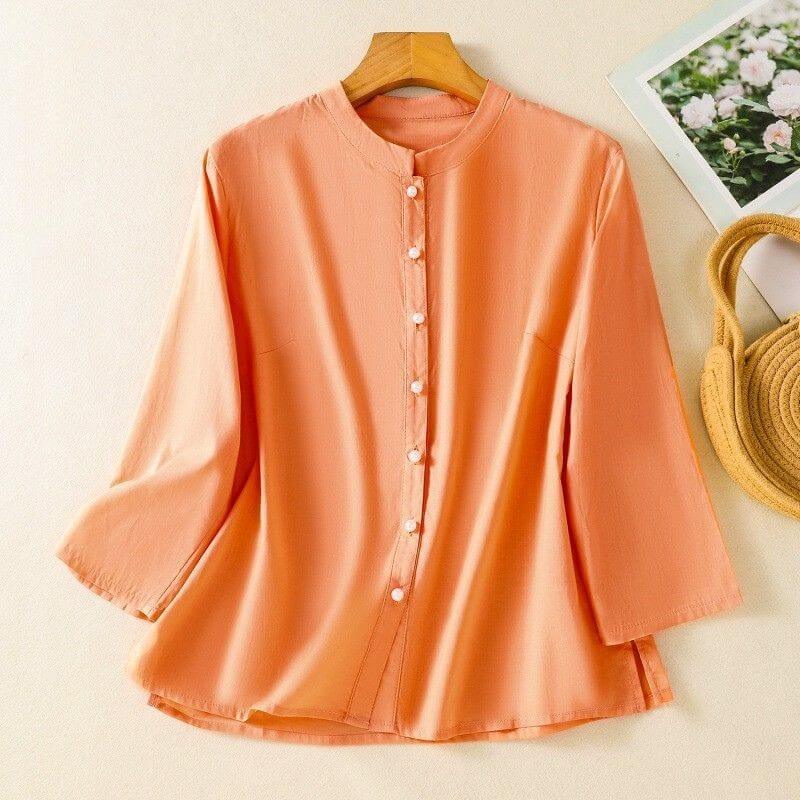 Relaxed Fit Band Collar Button Front Blouse for Women – Casual Stylish Comfort