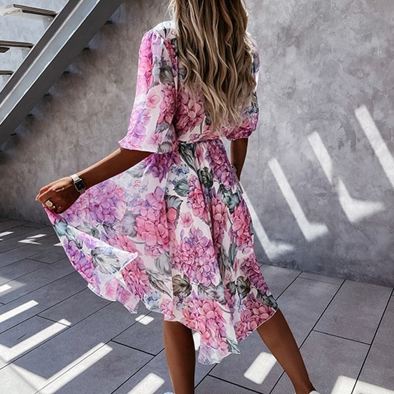 Women's Midi Dress – Floral Print – V-Neck with Buttons – Elastic Waist – 3/4 Sleeves
