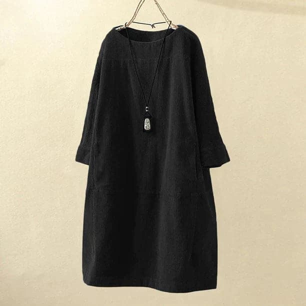 Women Corduroy Dress - Loose Fit - Three-Quarter Sleeves - Soft and Comfortable