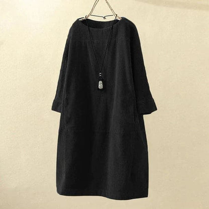 Women Corduroy Dress - Loose Fit - Three-Quarter Sleeves - Soft and Comfortable