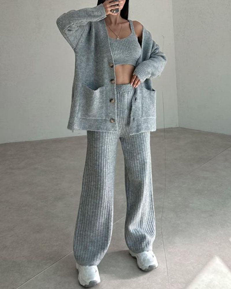 Women's Knitted Lounge Set - Cardigan, Crop Top and Wide-Leg Pants - Soft Comfort