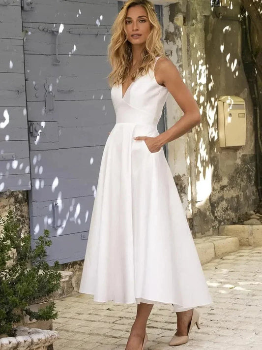 Women's Dress - A-line Midi - V-neck Sleeveless - Elegant Straps & Pockets