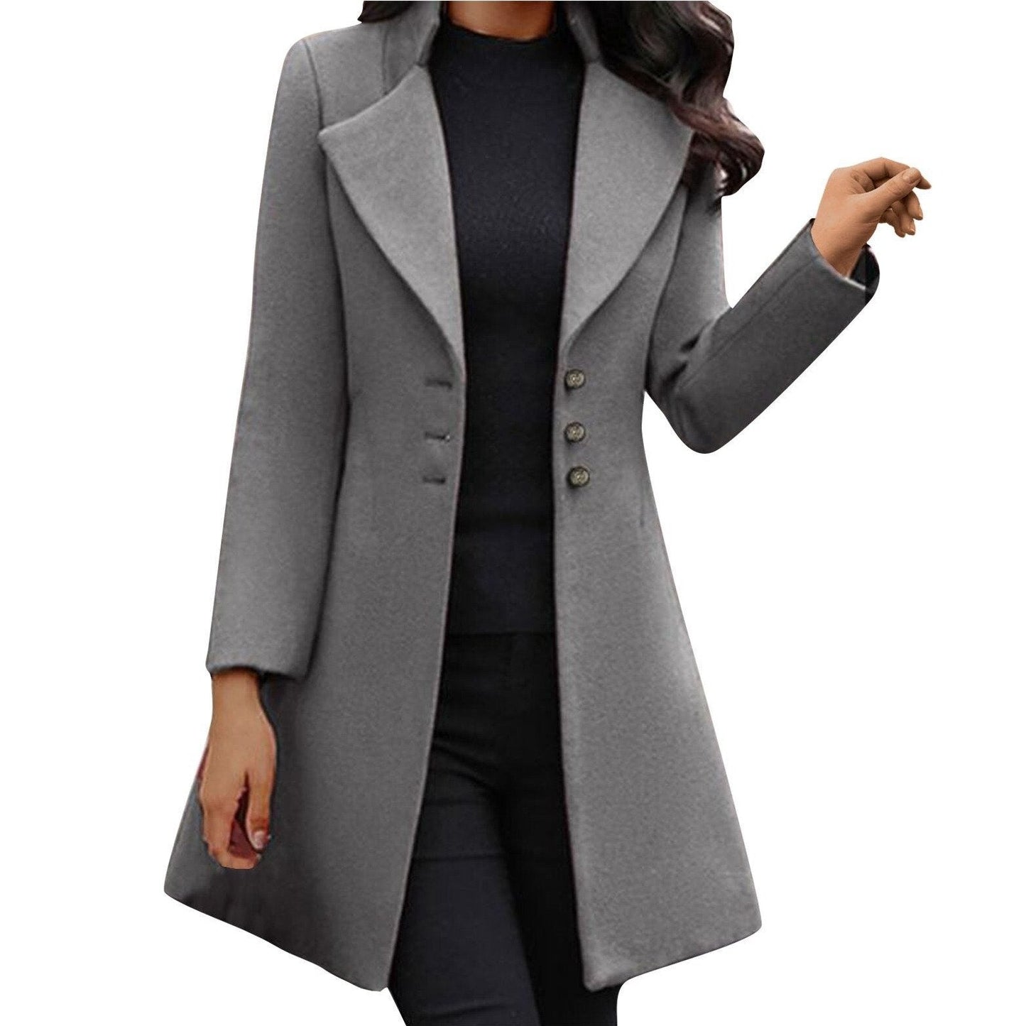Women's Long Coat - Tailored Fit - Double Breasted Buttons - Elegant Wool Look