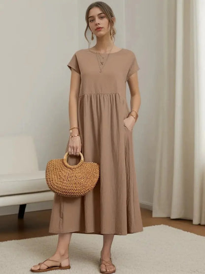 Women's Dress - A-line Fit - Short Sleeve - Round Neck - Midi Length - Lightweight and Breathable
